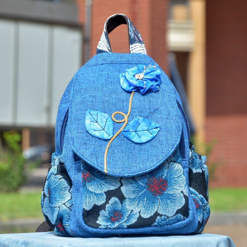 Ransel Gaya Etnis Wanita, Tas Kanvas Kasual, Ransel Celup Indigo Gaya Cina