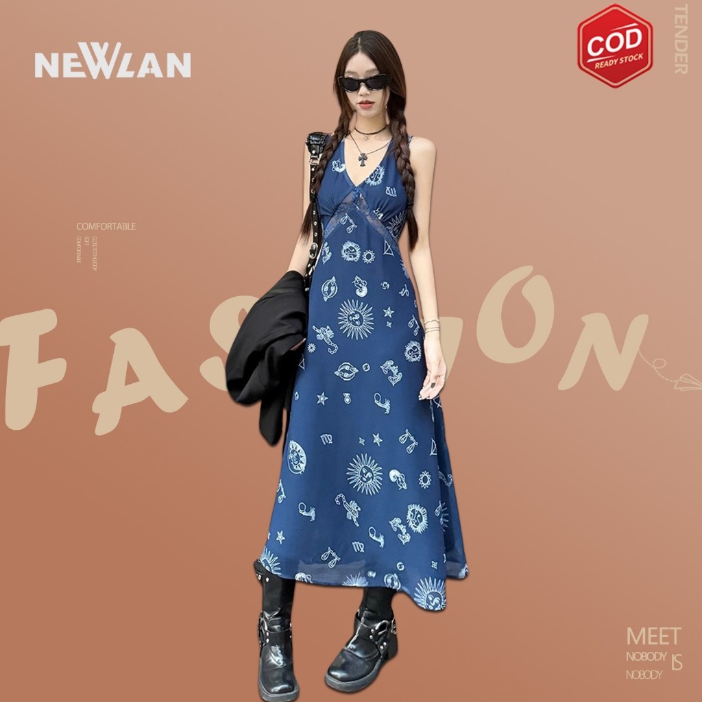 Yoohui QZ261 Rok Blue Midi Floral Dress Vintage Formal Dress Pesta Mewah Elegant Bali Bahan Sleevele