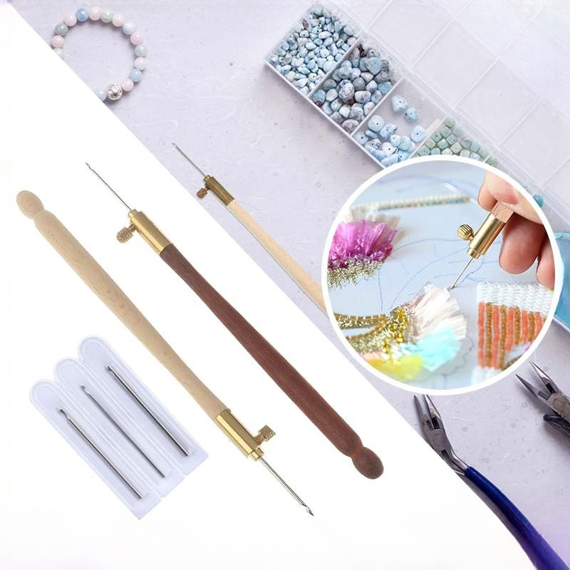 Set Alat Jarum Payet India Gagang Kayu Jarum Pasang Payet Alat Payet India Dan 3pcs Jarum Embroidery