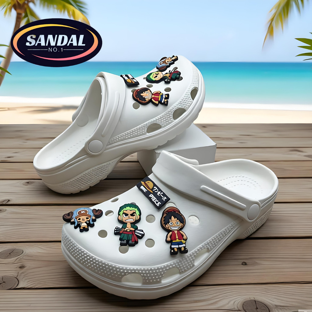 Sandal unisex Baim, desain kartun One Piece, sandal datar pria yang stylish. Nyaman dan anti selip.