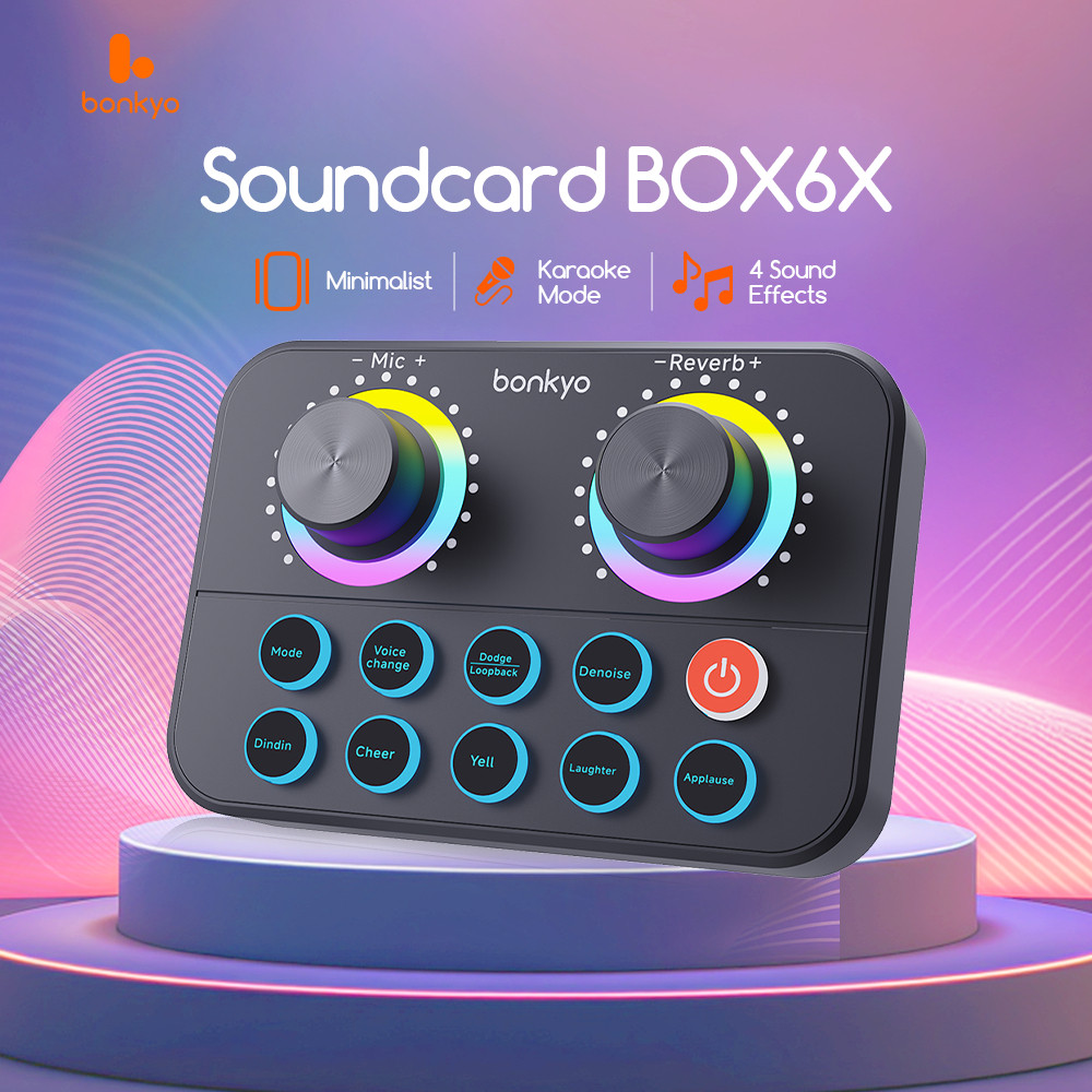 Bonkyo Soundcard BOX6X Live Streaming - Efek Suara, Voice Changer,Karaoke Mode, Portabel untuk HP/PC