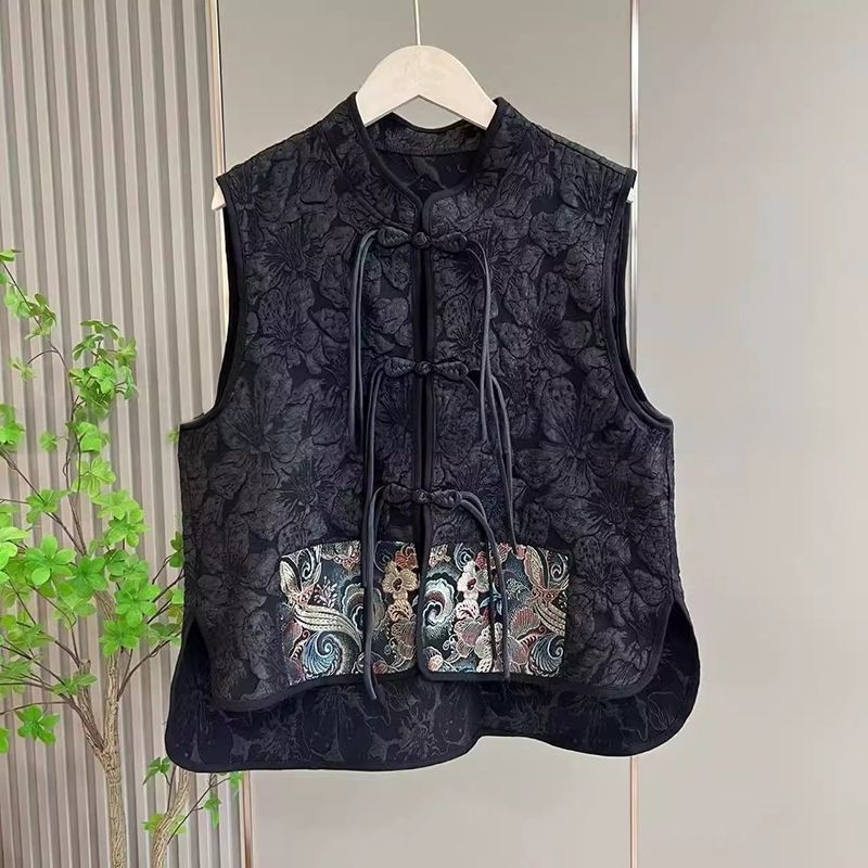 Rompi Bordir Jacquard Gaya Cina Wanita Berkualitas Tinggi   Rompi Jaket Tanpa Lengan Hitam