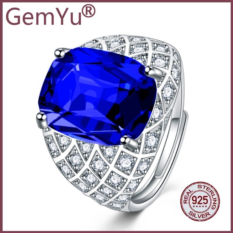 GemYu  Cincin Berlian Safir Persegi Panjang Gemuk Mulut Terbuka Pria Trendy Cincin Tanzanite Sarang 