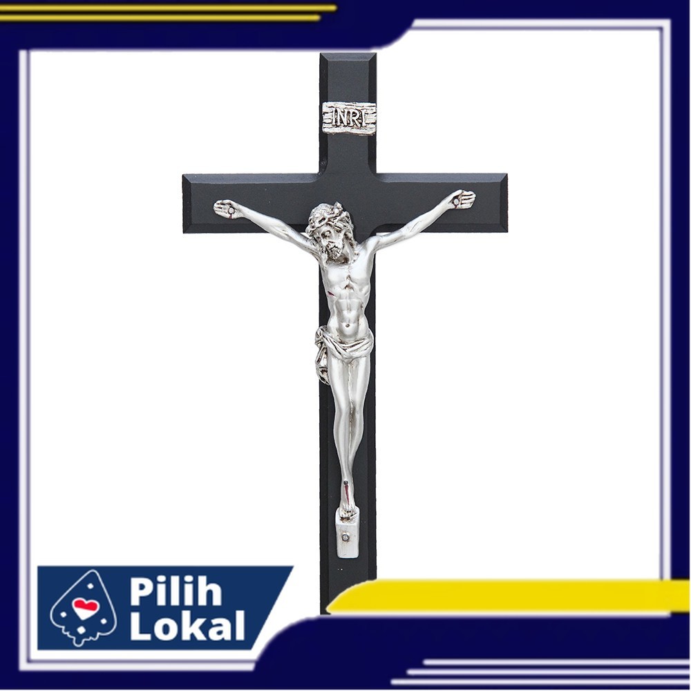 Salib Gantung Katolik Premium MDF Hitam Silver 32cm/Pajangan Salib Dinding/Salib Katolik Rohani