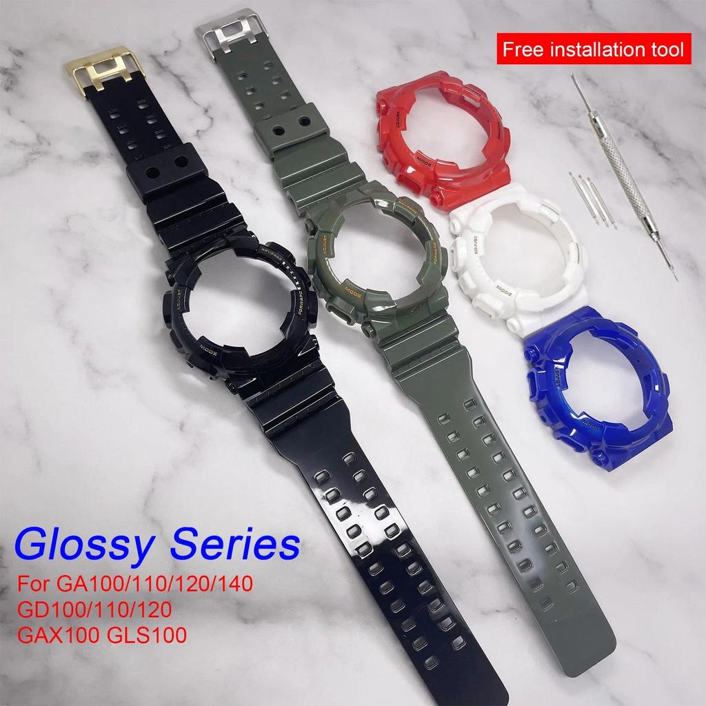 Glossy Sport Silicone Watch Strap Case Band for GA100/110/120 GD100/120 Men, Shiny Wristband Bezel R