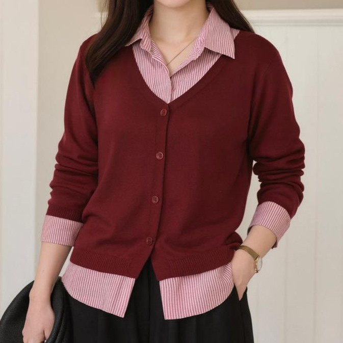 YUKI Top Kemeja Kombinasi Kantoran Kasual,Top Kemeja Wanita Tangan Panjang,Kemeja Cardi Wanita Tanga