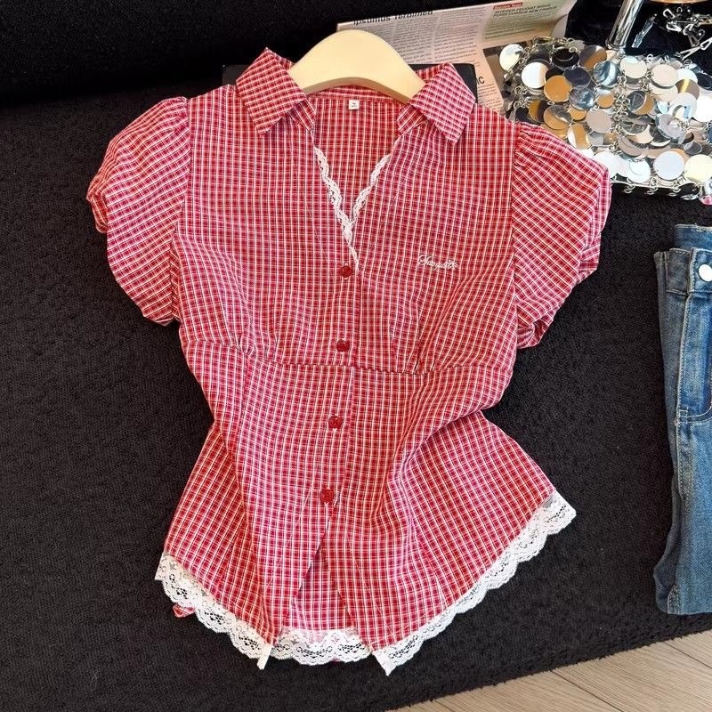 Baru v Kemeja berkerah dengan hiasan renda, kemeja kotak lengan pendek untuk wanita.