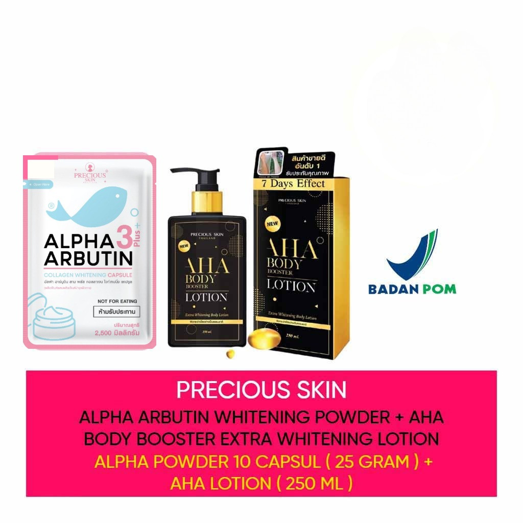 Paket 2in1 Bubuk Alpha Arbutin + AHA Body Lotion / Precious Skin Thailand/ Alpha arbutin Capsule / A