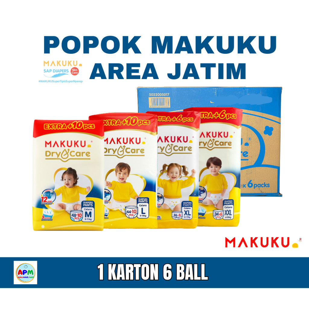 MAKUKU Dry Care Pants M48+10 L44+10 XL36+6 XXL34+6 1 Karton / 1 Dus isi Popok Bayi Celana