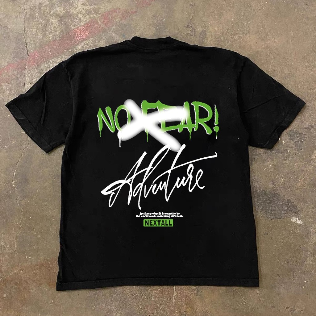 Kaos Distro Modern Motif NO FEAR Tulisan Hijau Vintage Street Style Katun Combed 24S Loose Fit