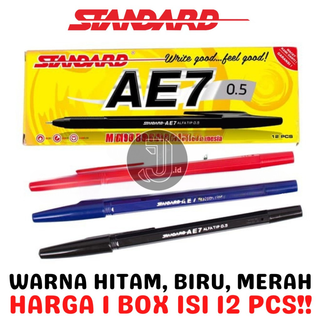 STANDARD AE7 0.5 BLACK BLUE RED BALL PEN BOLPEN PENA PEN STANDARD AE7 HITAM 0.5 LUSIN BOX [12PCS]