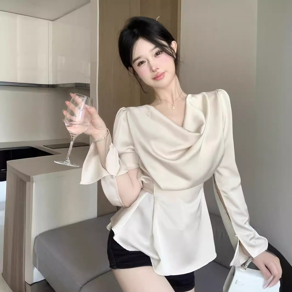 Kemeja Lengan Panjang Elegan Satin Sutra untuk Wanita Desain Musim Semi