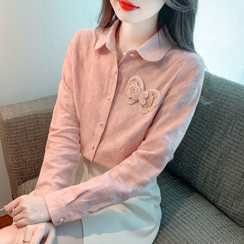 Kemeja Katun Jacquard Baru Lengan Panjang Blus Atasan Wanita
