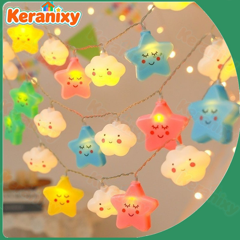 Keranixy Lampu Dekorasi Hari Raya Lucu Wajah Tersenyum Bintang Awan String Cahaya Tata Lampu Hari Ra