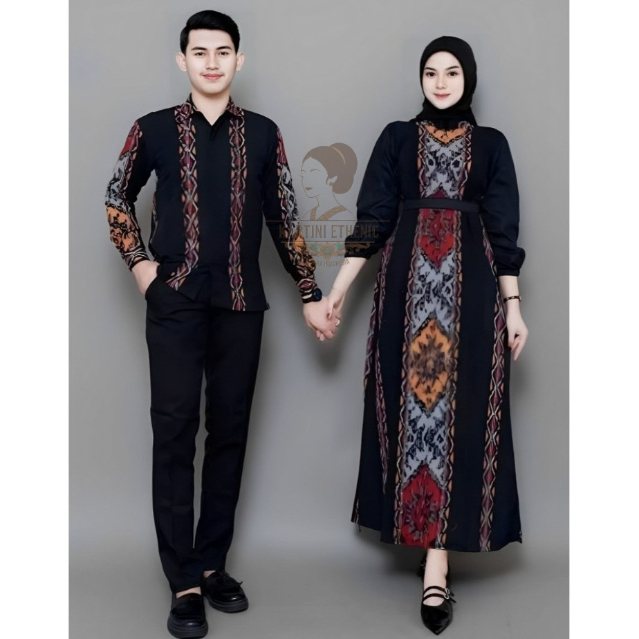 Baju Couple Tenun Set Couple Lebaran Belvia HitamMaroon Batik Tenun Couple Gamis Couple Lebaran