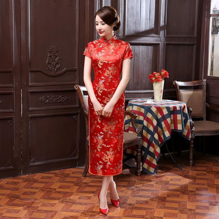 Promo Gaun Cheongsam Imlek Wanita Dewasa Baju Chinese Cheong Sam Phoenix CNY - Merah, SOri