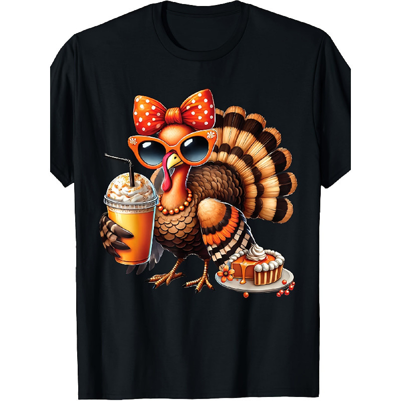 Kaos Unisex Thanksgiving Hitam Retro - Desain Lucu Ayam Kalkun dengan Pita Merah 
 

