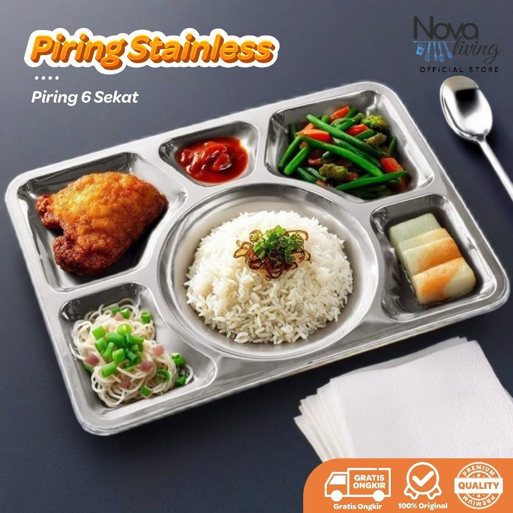 piring nampan stainless sekat 6 food tray tebal rumah sakit meshtray plato tempat saji makanan - 317