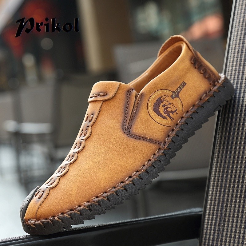 Prikol 100% KULIT ASLI Import Sepatu Sneaker Pria Import Loafer Slip On Kulit Sapi Kasual Sepatu Tan