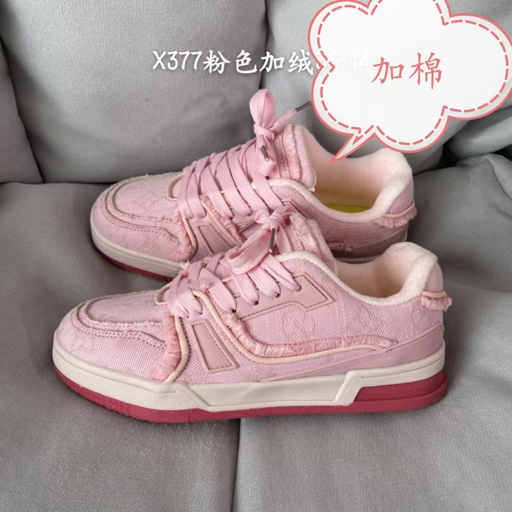 Sepatu Sneakers  Roti Berlapis Retro Denim Pink dengan Tepi Robek Xu Ling  Wanita  Olahraga Kasual N