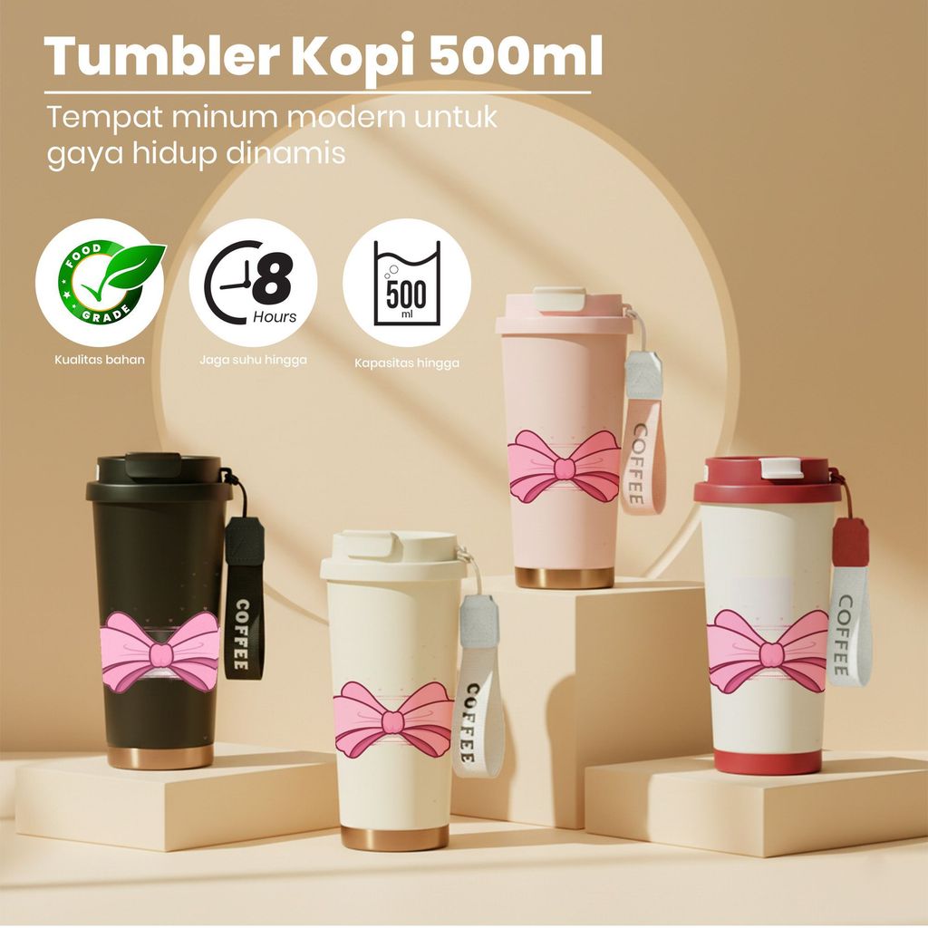 Tumbler Modern 316 Stainless Steel Kapasitas 500ml Desain Estetik Bow Pink, Tag COFFEE, Tahan Suhu H