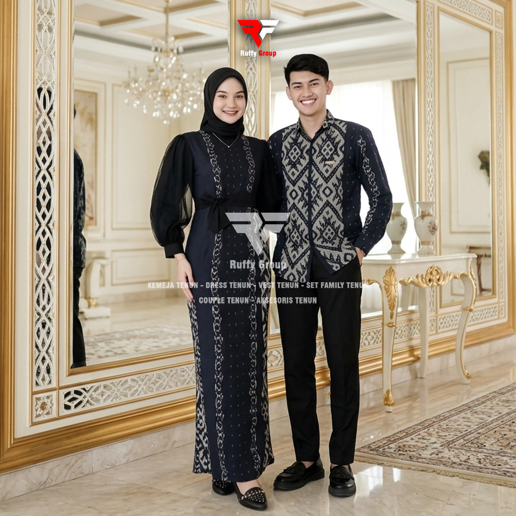 AVTA TENUN - Padma Series Hitam Set Couple Kondangan Gamis Sarimbit Tenun Wisuda Dress Lamaran Kemej