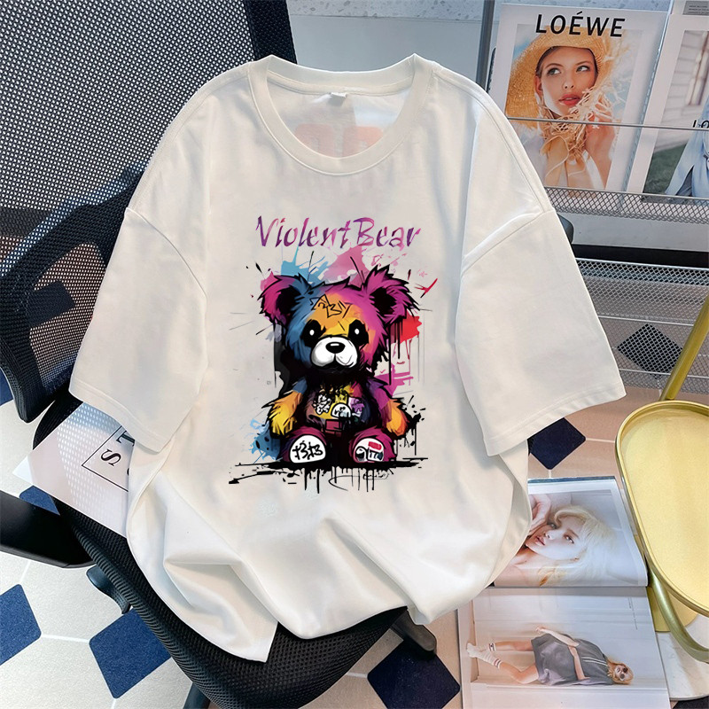 T-shirt Oversize Violent Bear Print Kaos Unisex Pria Wanita