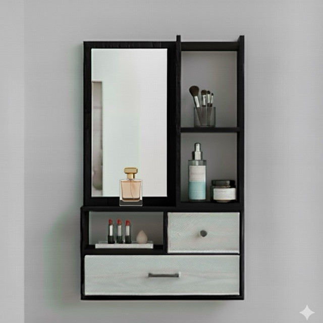 Rak Skincare Minimalis Dengan Cermin/ Rak rias kosmetik/ Rak make up/ Rak dinding gantung/ Rak kaca/