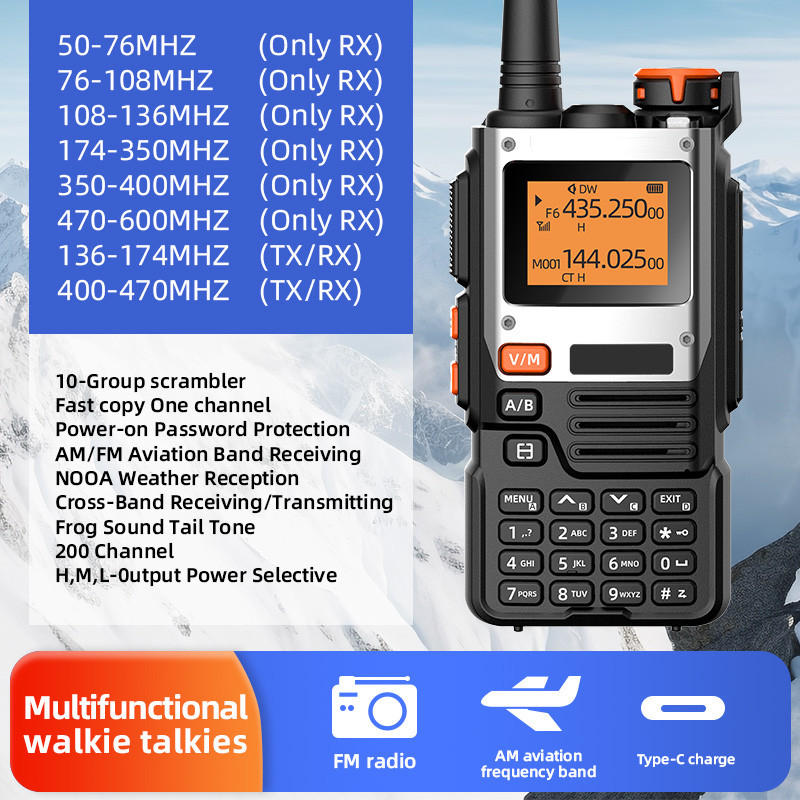 UV-K6 walkie talkie 15W rao, Airband, 200 annels, weather alarm UHF arging, VHF, DTMF, FM, NOAA enco