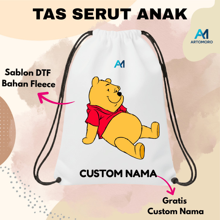 TAS SERUT Tas Serut Anti Air  | Tas Serut Anak Custom Nama |Design Winnie-the-PoohTas futsal