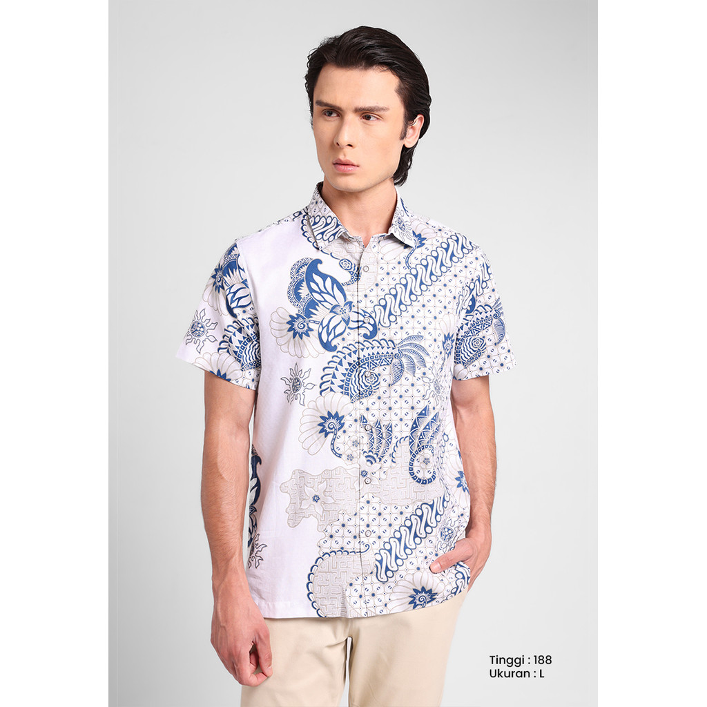 MANZONE - Kemeja Batik Lengan Pendek Pria Sangga - White