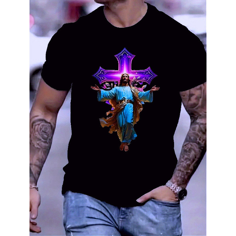 Kaos Pria Kristen - Desain Yesus dengan Salib Ultraviolet, Bahan Katun Lembut untuk Ibadah & Sehari-