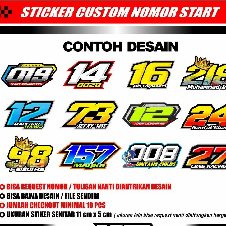 Stiker Sticker Nomor Start Custom Cutt Pola Tinggal Tempel Custom