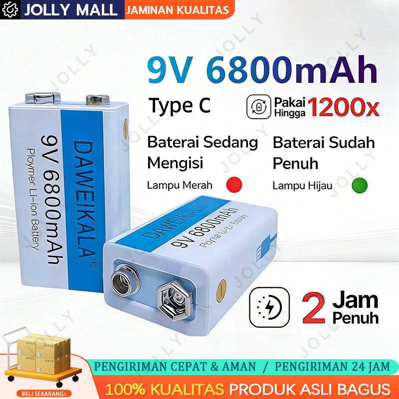 Baterai 9 V Rechargeable Li-ion USB Type-C 6800 MAh D 9V / Baterai 9v Rechargeable Volt Bisa Dicas K