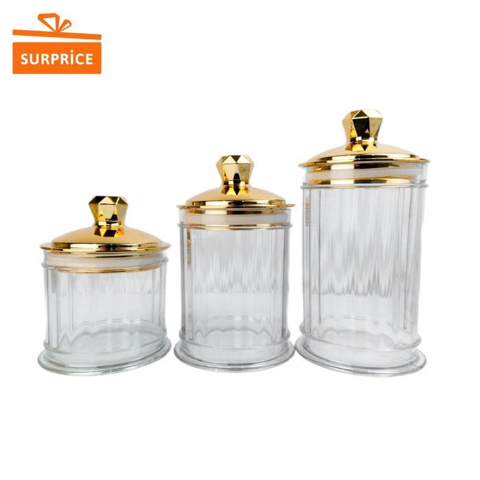 Promo Surprice Set Toples Emas 3pcs / Storage Container Transparan / Jar Toples Kaca Penyimpanan Kue