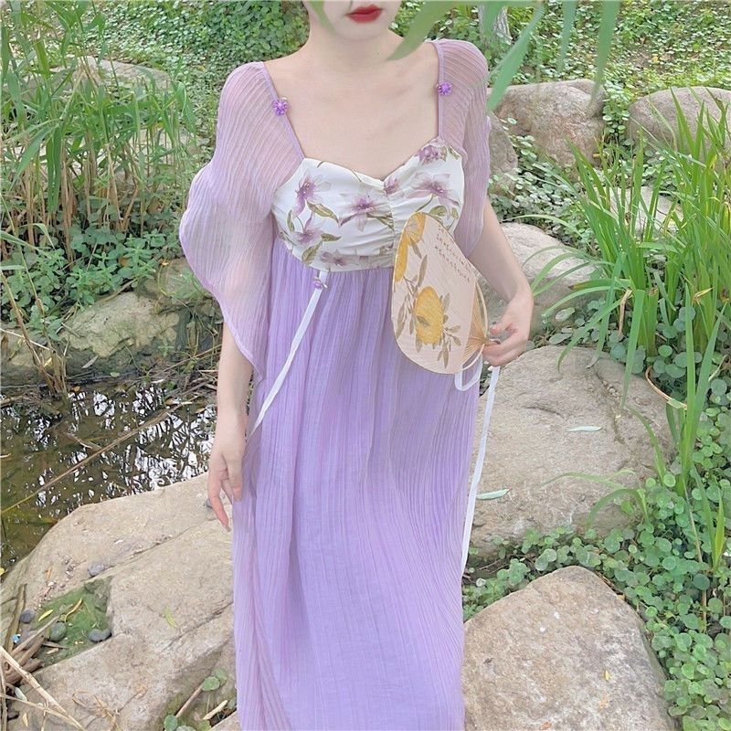 Gaun Hanfu Modifikasi untuk Wanita, Gaya Prancis, Ungu Muda, Gaun Midi yang Segar dan Elegan