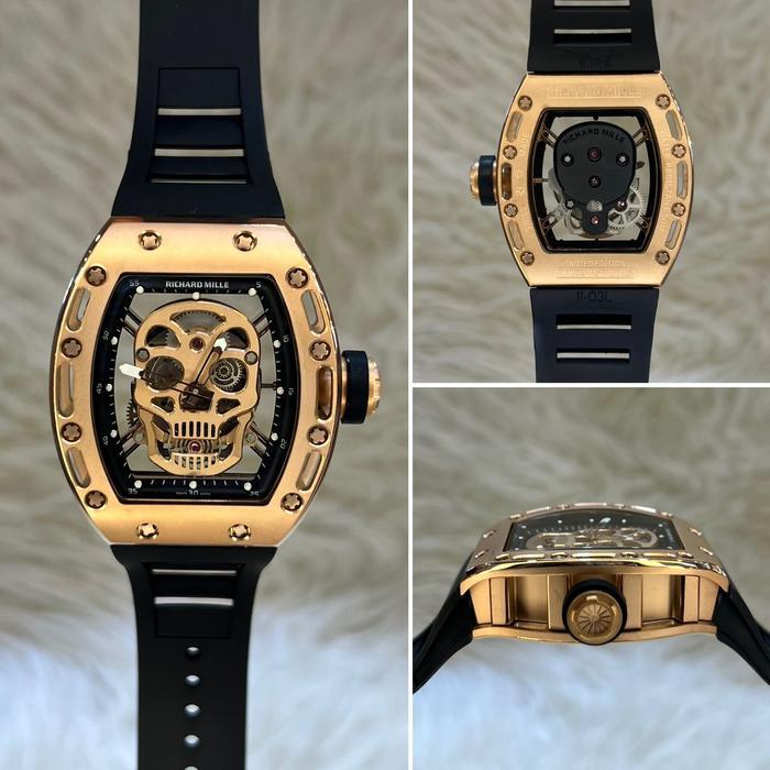 bergaransi Jam tangan Automatic RM 052 Skull Skeleton Rubber Stainless steel - rosegold, kayu