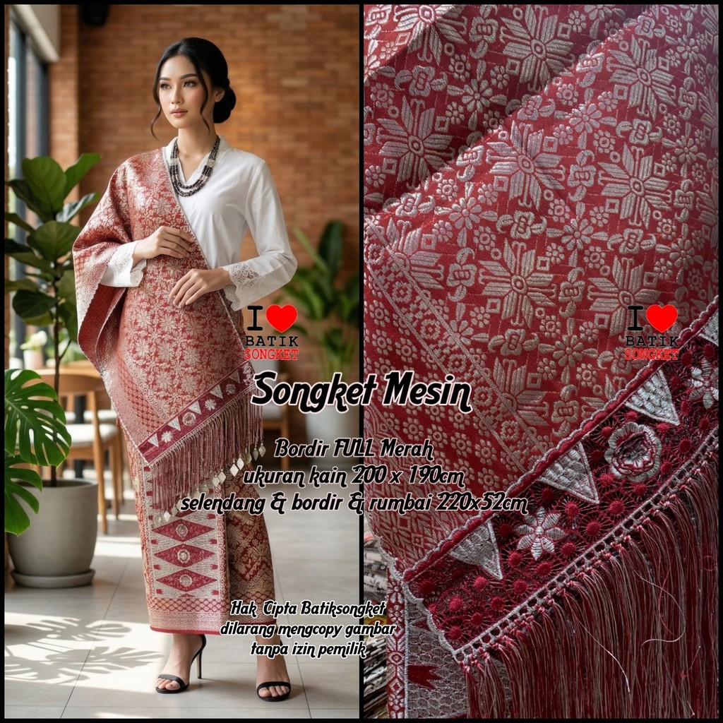 SONGKET MESIN MOTIF 12 BORDIR MERAH PENGANTIN HALUS LEPUS PALEMBANG MURAH SETELAN KAIN SELENDANG KER