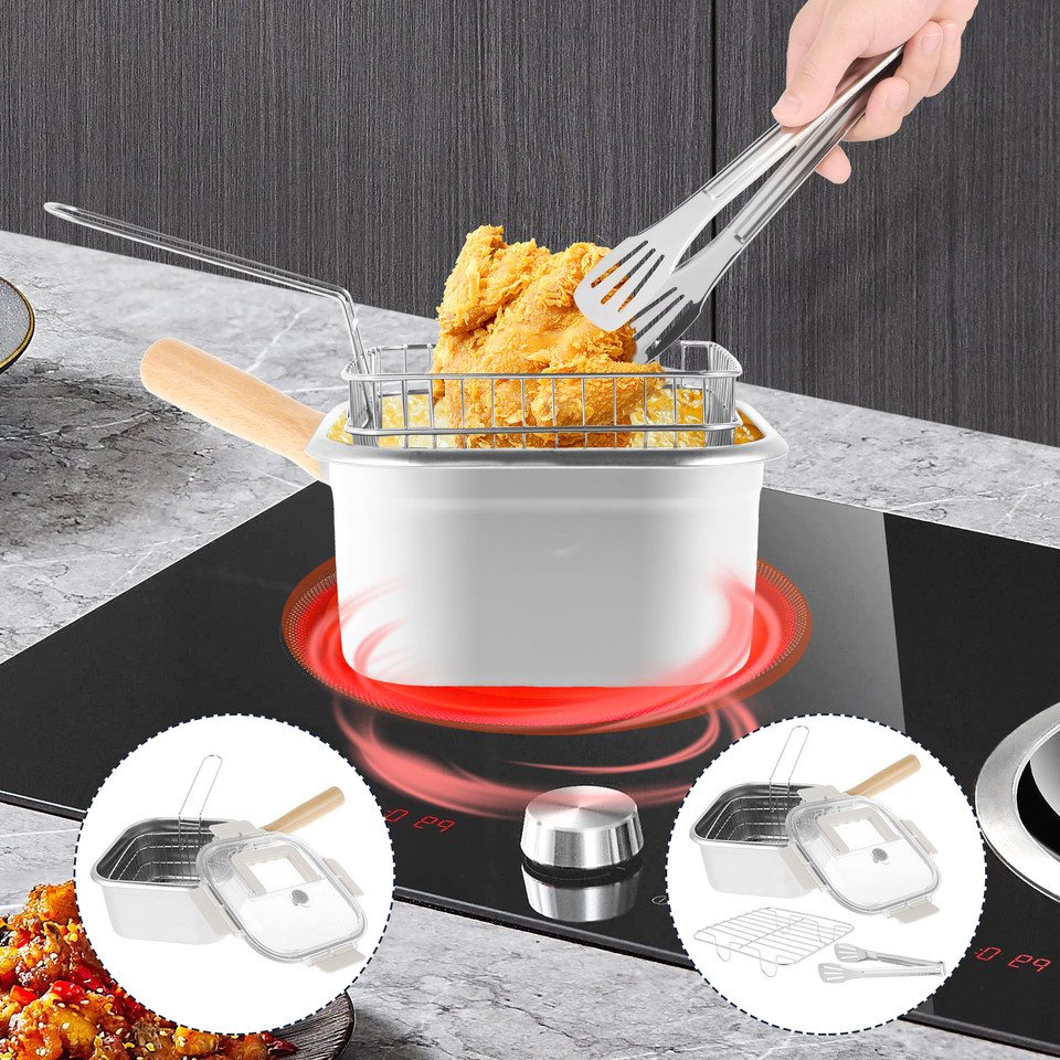 Deep Fryer Pot Stainless Steel Frying Pan Oil Saving Square Deep Frying Pan with Basket and Handle V