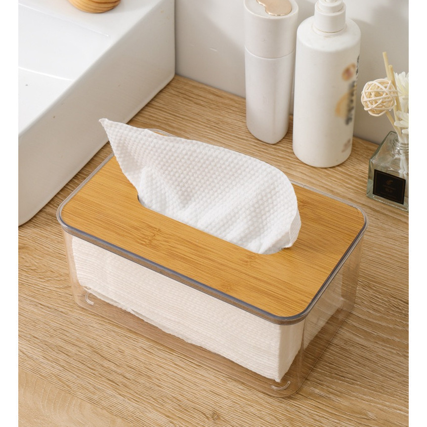 Kotak Tisu Transparan Tempat Tisu Akrilik Elegan Minimalis Tutup Kayu