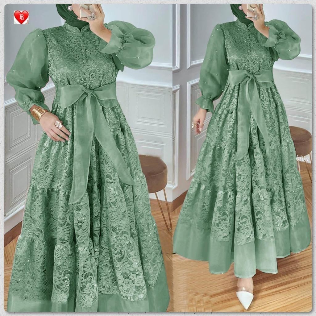 (PROMO) Gamis MALIKA ORGANZA / Gamis Brukat kombinasi Organza Mutiara / Gamis Organza kombinasi