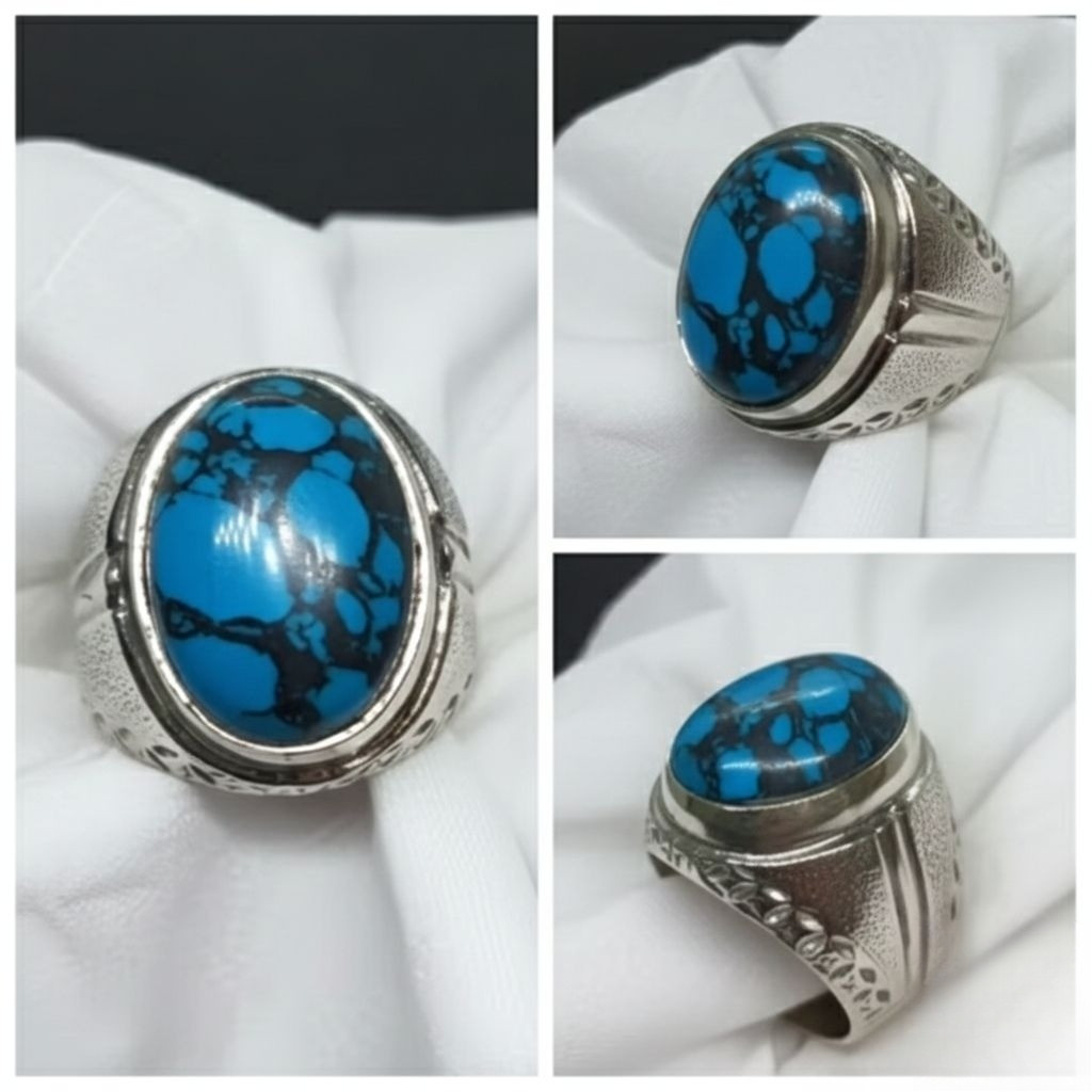CINCIN BATU PIRUS BIRU URAT HITAM RING ALPAKA