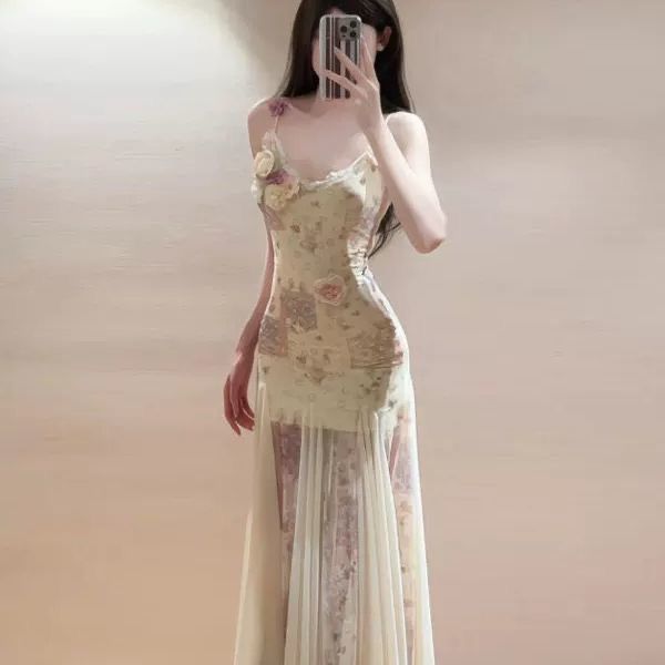 [COD]Gaun maxi bermotif bunga yang cantik, gaun bodycon halter elegan untuk wanita.