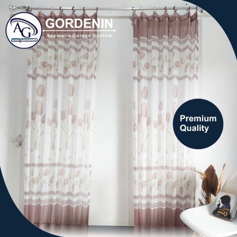 Vitrase Gorden Import Motif Bunga Tulip Coklat Model Plisket Cubit - Tirai Gorden Vitrase FREE Kawat