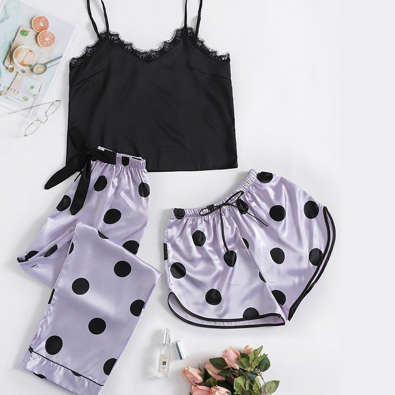 Pola set Piyama Baju tidur Tanktop Lingerie Celana Panjang Pendek Satin Silk Salur Seserahan Premium