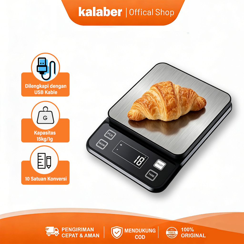 Kalaber Timbangan Dapur Digital Waterproof 15kg/1g Timbangan Kue Digital USB Rechargeable