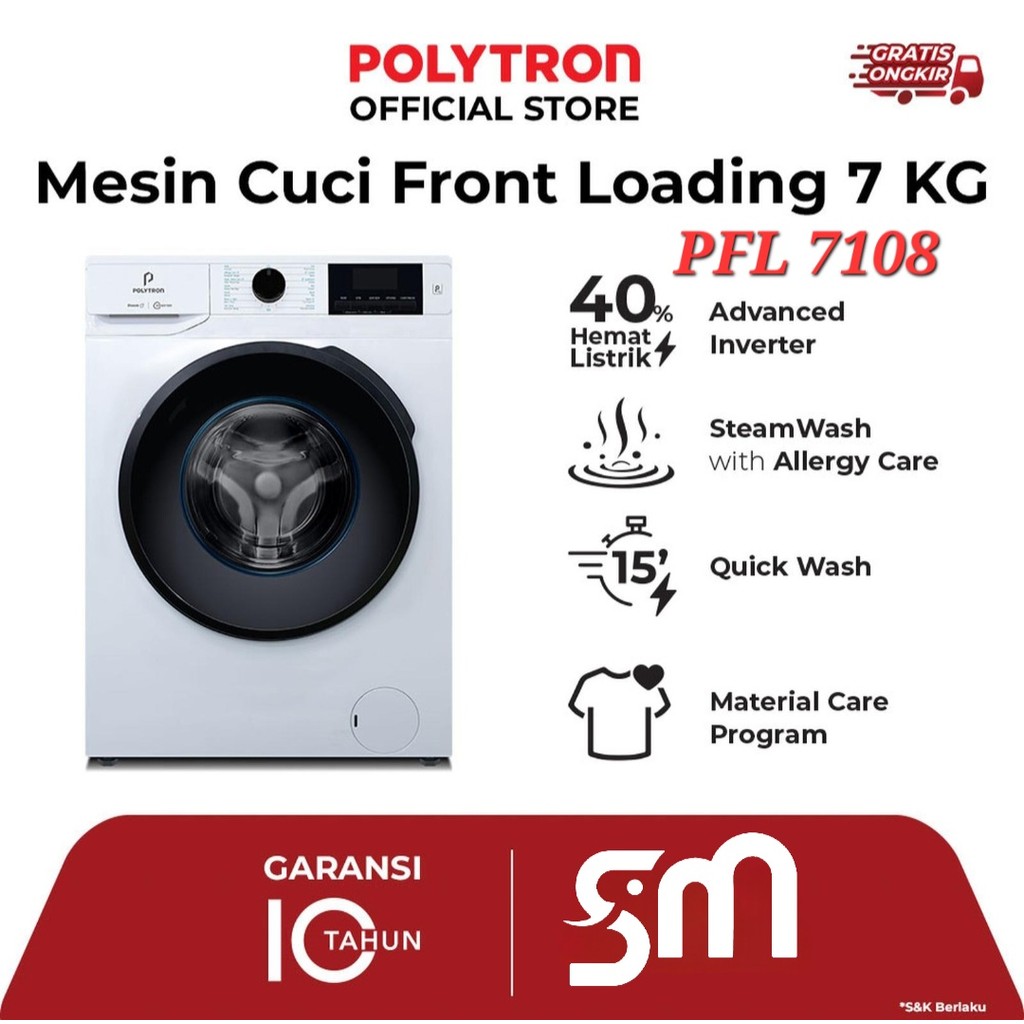 Polytron PFL7108 Mesin Cuci Front Loading 7 KG Inverter Steam Putih