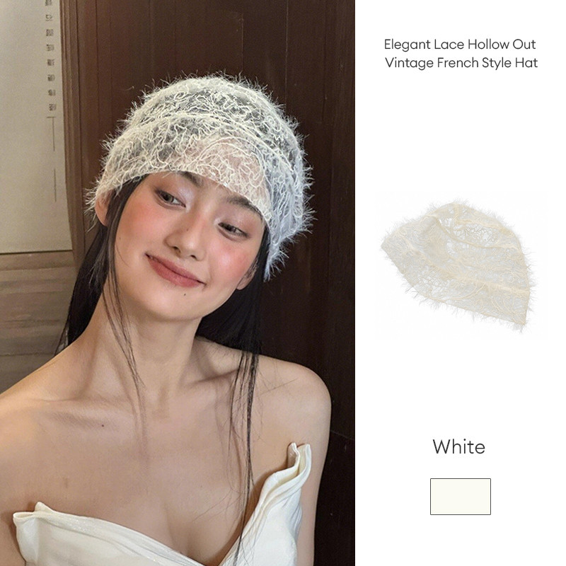 COD Topi Wanita Renda Putih Hollow Out Gaya Prancis Vintage Elegan