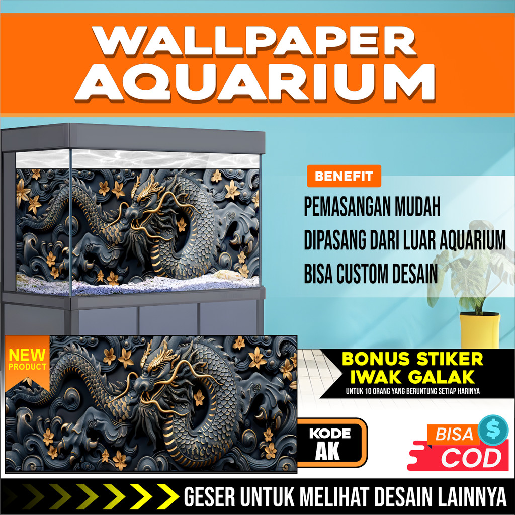 sticker wallpaper background aquascape aquarium belakang NEW tema naga dragon AK