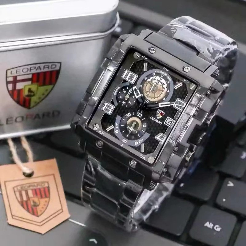 LEOPARD Watch Jam Tangan Pria Mewah Desain Kotak Rose Gold Blue Chrono Aktif Elegant Business Men Wa